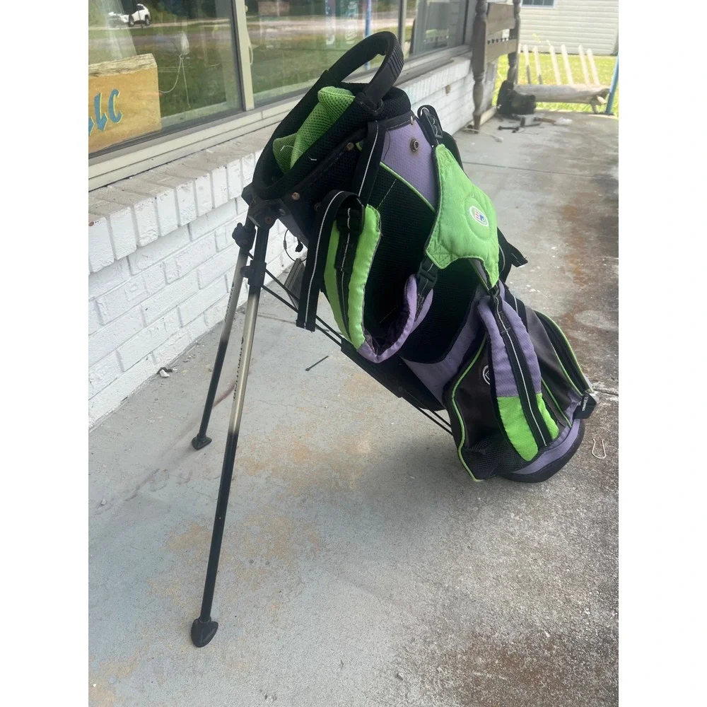 US Kids Golf Junior Stand Bag Purple Lime Green Lightweight Dual Strap USKG57